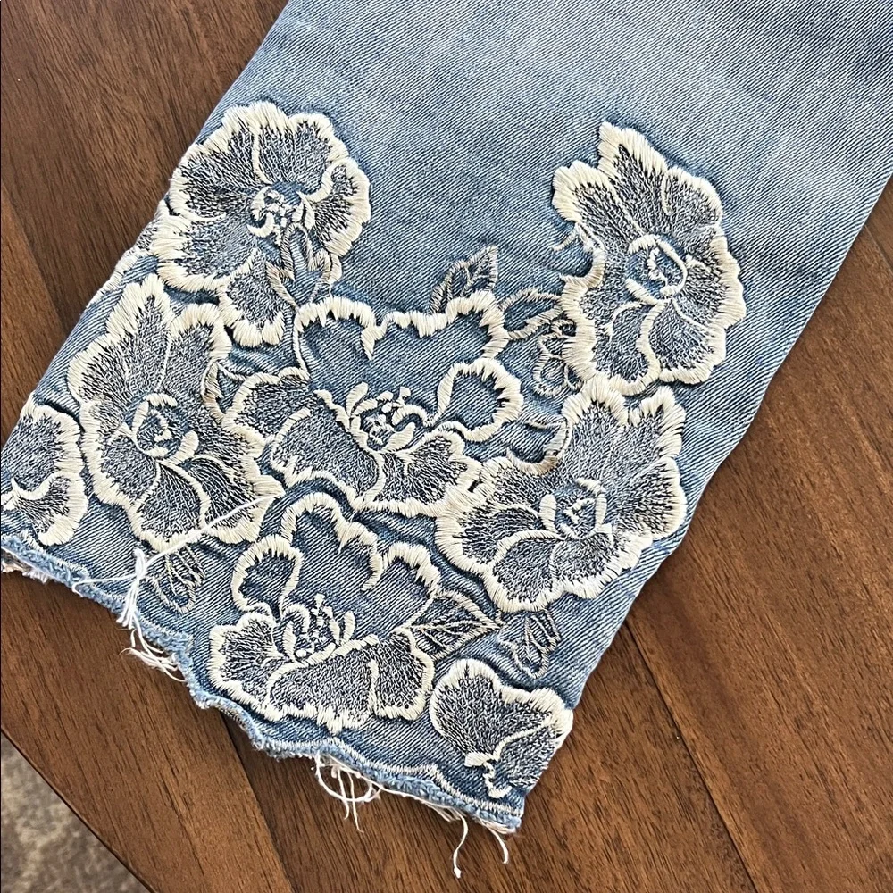 DRIFTWOOD Light Blue Flare Jeans with Cream Floral Embroidery - Picture 4 of 5